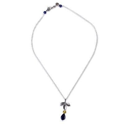 Indigo Foliage,'Leafy Lapis Lazuli and Amber Pendant Necklace from Mexico'