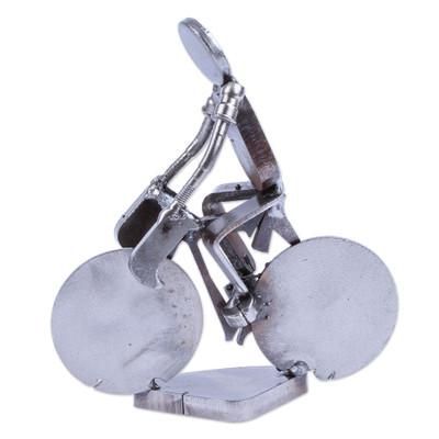 Ecological Morning,'Handcrafted Recycled Scrap Metal Statuette of Man Biking'