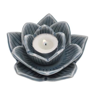 'Lotus-Shaped Celadon Ceramic Tealight Candleholder in Blue'