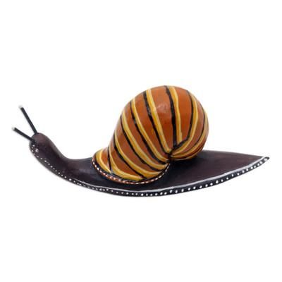 'Hand-Carved Suar Wood Snail Statuette Painted in Bali'