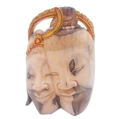 Divine Romance,'Handcrafted Shiva and Parvati Hibiscus Wood Mask from Bali'