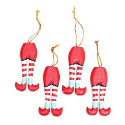 'Set of 4 Hand-Painted Wood Elf Themed Ornaments from Bali'