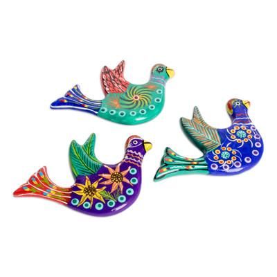 '3 Dove Ceramic Magnets with Hand-Painted Floral Accents'