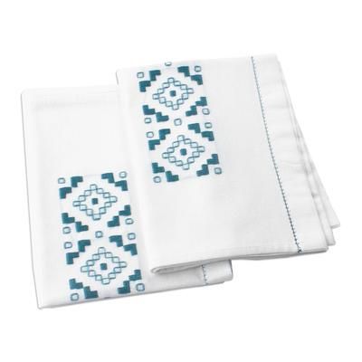 Ijevan Dreams,'Geometric Embroidered Turquoise Cotton Tea Towels (Pair)'