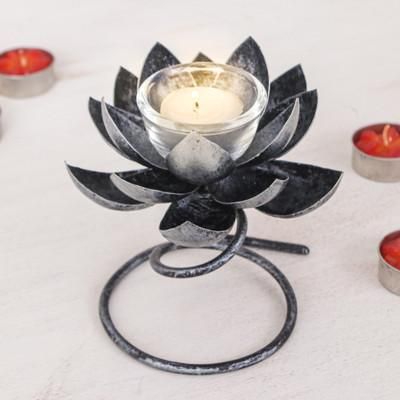 Lotus Flame,'Steel & Iron Lotus Flower Tealight Holder in Silver & Black'