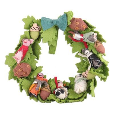 BarnyardParty,'Leafy Barn Animal Themed Green Wool Felt Wreath from India'
