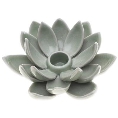 Lotus Splendor in Green,'Green Celadon Ceramic Candle Holder with Lotus Flower Motif'
