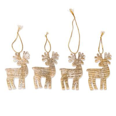 Glorious Reindeer,'Set of 4 Golden Albesia Wood Holiday Reindeer Ornaments'