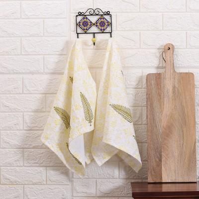 '2 Cotton Dish Towels with Hand-Block Printed Leaf Motifs'