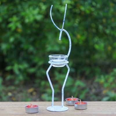Deer Splendor in Blue,'Iron Deer Tealight Holder in White and Blue from Thailand'