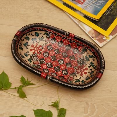 'Handmade Batik Oblong-Shaped Red Pule Wood Decorative Bowl'