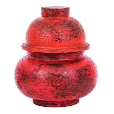 Chinese Red,'Antiqued Red Wood Decorative Jar Handmade in Thailand'