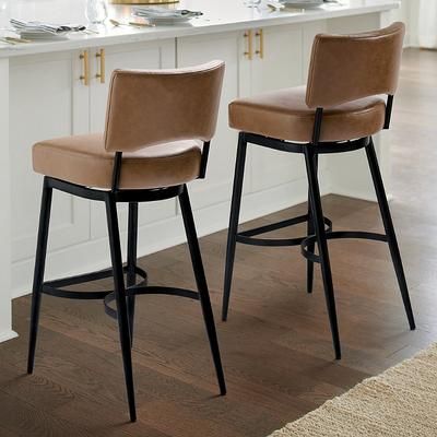 Kellan Low Back Swivel Bar & Counter Stool - Counter Height (24" Seat), Leather, Black Metal/Marbled Bone/Counter Height - Grandin Road