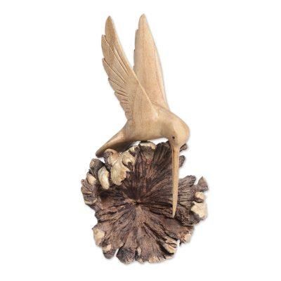 'Hand-Carved Jempinis Wood Flying Hummingbird Sculpture'