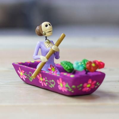 'Hand-Painted Catrina on a Boat Ceramic Figurine in Purple'