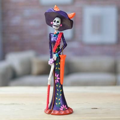 'Hand-Painted Floral Blue-Violet Catrina Ceramic Sculpture'