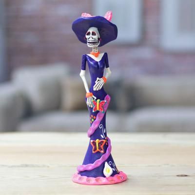 Lady Catrina at Night,'Painted Butterfly Lady Catrina Ceramic Sculpture in Blue'