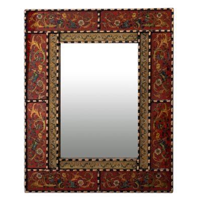Red Peruvian Elegance,'Reverse Painted Glass and Wood Framed Wall Mirror from Peru'