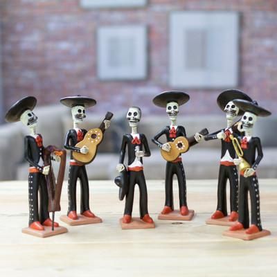'Set of 6 Painted Classic Mariachi-Themed Ceramic Sculptures'