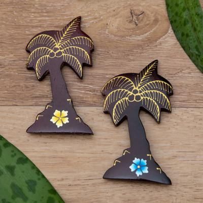 'Set of 2 Hand-Painted Floral Palm Tree-Shaped Wood Magnets'