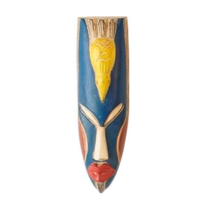 'Hand-Painted Yellow and Blue African Mask with Bird Detail'