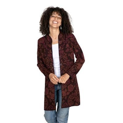 Dream Garden in Burgundy,'Burgundy 100% Baby Alpaca Long Cardigan with Mandarin Collar'
