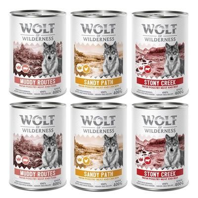 Set prova misto! Wolf of Wilderness Senior umido per cane - 6 x 400 g: 2x Pollame con Manzo, 2x Pollame con Maiale, 2x Pollame con Pollo
