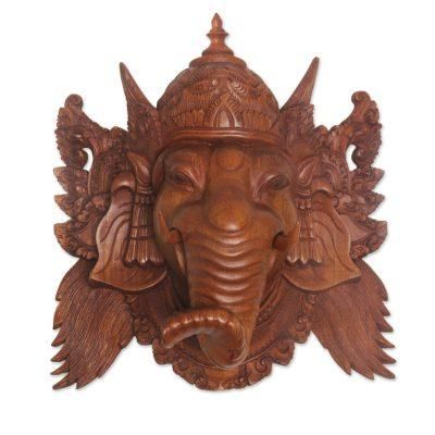 Proud Ganesha,'Hand Carved Balinese Suar Wood Mask of Ganesha'