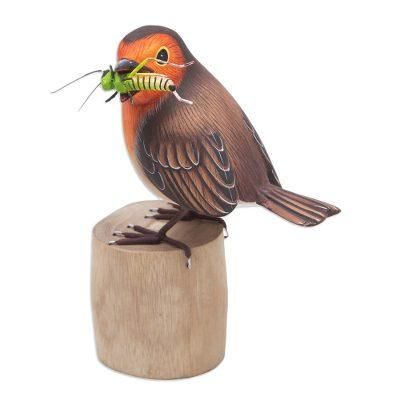 'Hand-Carved and Hand-Painted Teak & Suar Wood Bird Statuette'