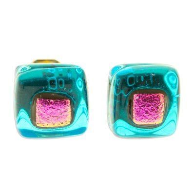 Blue & Rose Mosaic,'Blue & Pink Fused Glass Mosaic Stud Earrings from Mexico'