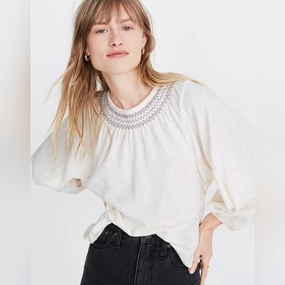 Madewell Tops | *Nwot* Madewell Superlight Jacquard Embroidered Smocked Top, Women's Size Xxs | Color: Cream/White | Size: Xxs