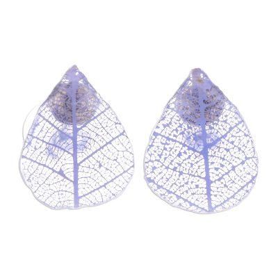 Tea Garden in Purple,'Blue Rubber Tree Leaf Button Earrings from Thailand'