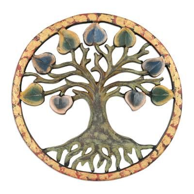 'Hand-Painted Round Green Suar Wood Relief Panel of a Tree'