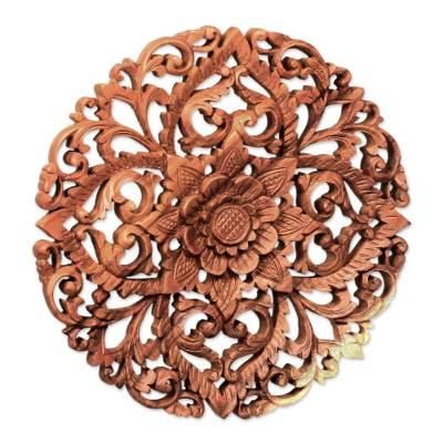Royal Flower,'Traditional Balinese Floral Wood Round Relief Panel Carving'