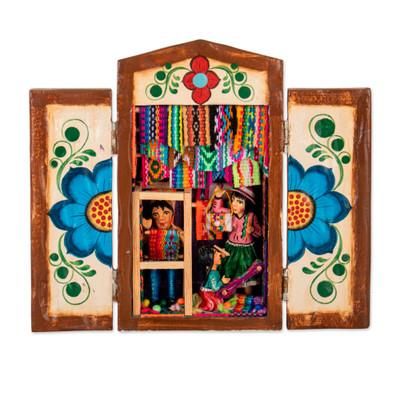 Colorful Marketplace,'Colorful Wood and Ceramic Retablo of Weavers at Market'