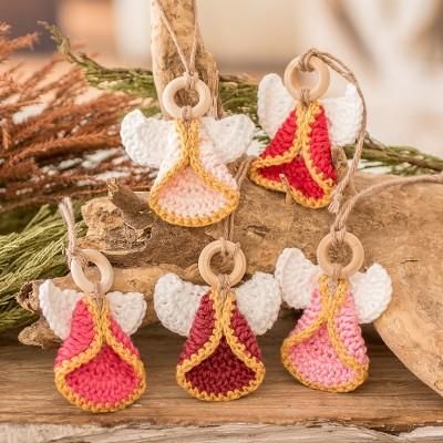 'Set of 5 Handmade Pink-Toned Cotton and Wood Angel Ornaments'