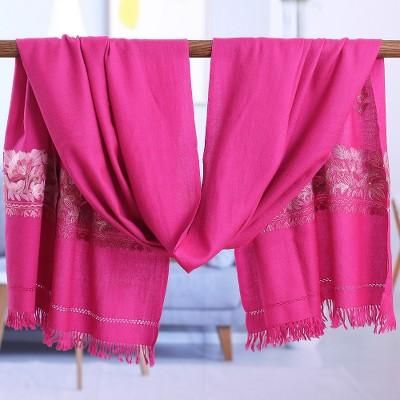 Garden of Carmine,'Floral Handwoven Wool and Rayon Embroidered Carmine Shawl'
