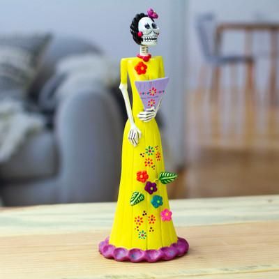'Hand-Painted Catrina & Fan Ceramic Sculpture from Mexico'