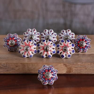 Fantasy Spring,'Set of 9 Floral Blue and Red Ceramic Knobs from India'