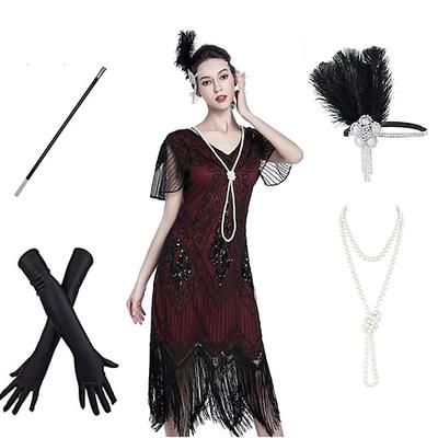 Anni Ruggenti Anni 1920 Lunghezza al ginocchio Vestito Abito Flapper Abiti Maniche corte Il grande Gatsby Invitato al matrimonio Paillettes Frangia con nappe Paillettes Nappa Scollo a V Costume Per
