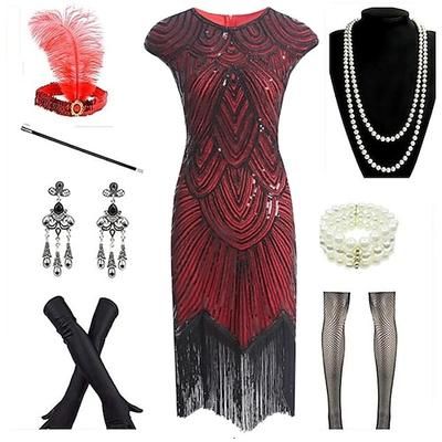 Anni Ruggenti Anni 1920 Lunghezza al ginocchio Vestito Abito Flapper Abiti Cortissima Il grande Gatsby Invitato al matrimonio Frangia con nappe Scollo a V Scollo Tondo Costume Per donna Carnevale