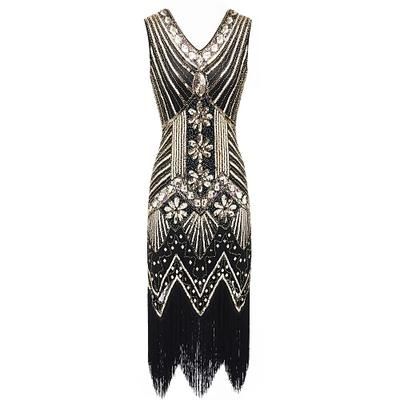 Anni Ruggenti Anni 1920 Lunghezza al ginocchio Vestito Abito Flapper Abito da Ballo Senza maniche Il grande Gatsby Charleston Invitato al matrimonio Frangia con nappe Scollo a V Costume Per donna