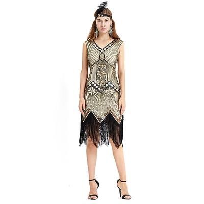 Anni Ruggenti Anni 1920 Lunghezza al ginocchio Lunghezza media Vestito Abito Flapper Abito da Ballo Senza maniche Il grande Gatsby Charleston Taglie Forti Invitato al matrimonio Scollo a V Spacco a V