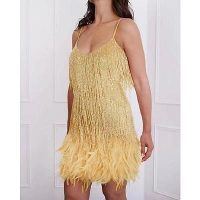 Anni Ruggenti Anni 1920 Mini Vestito Abito Flapper Senza maniche Il grande Gatsby Frangia con nappe Piuma Nappa Piume Scollo a V Costume Per donna Mascherata Festa serale Matrimonio speakeasy Adulti