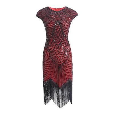Anni Ruggenti Anni 1920 Lunghezza al ginocchio Vestito Abito Flapper Abito da cocktail Cortissima Il grande Gatsby Charleston Invitato al matrimonio Paillettes Frangia con nappe Tinta unita Scollo