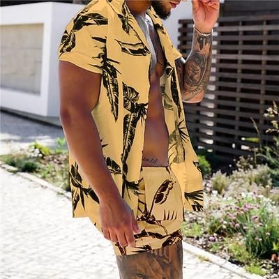 Per uomo Foglie Piante Tropicali 2 pezzi Set di camicie Camicia hawaiana estiva Manica Corta Pantaloni corti Collo ripiegato Tropicale Moda Hawaiano Streetwear Casuale Camicia hawaiana Stampato
