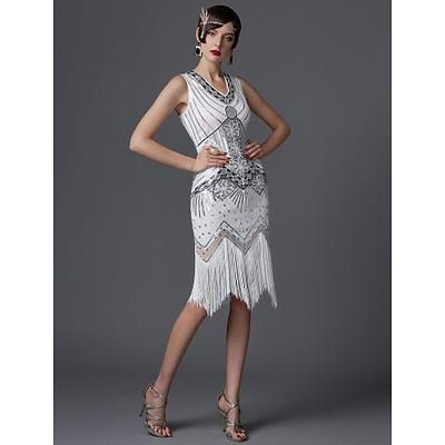 Anni Ruggenti Anni 1920 Lunghezza al ginocchio Vestito Abito Flapper Costumi di Halloween Senza maniche Il grande Gatsby Charleston Invitato al matrimonio Paillettes Pizzo Patchwork Scollo a V Costume