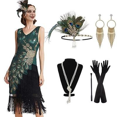 Anni Ruggenti Anni 1920 Lunghezza al ginocchio Vestito Abito Flapper Abiti Senza maniche Il grande Gatsby Invitato al matrimonio Paillettes Frangia con nappe Scollo a V Costume Per donna Festa serale