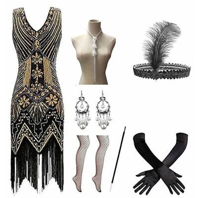 Anni Ruggenti Anni 1920 Lunghezza al ginocchio Vestito Abito Flapper Abiti Senza maniche Il grande Gatsby Charleston Taglie Forti Frangia con nappe Piuma Scollo a V Costume Per donna Carnevale