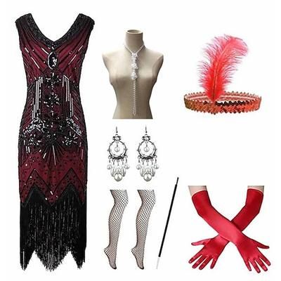 Anni Ruggenti Anni 1920 Lunghezza al ginocchio Vestito Abito Flapper Abiti Senza maniche Il grande Gatsby Charleston Taglie Forti Frangia con nappe Piuma Scollo a V Costume Per donna Carnevale